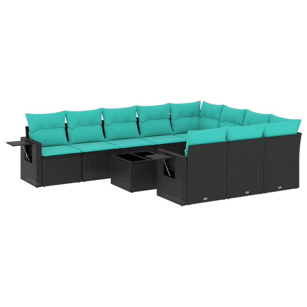 11 Piece Garden Sofa Set with Cushions Black Poly Rattan
