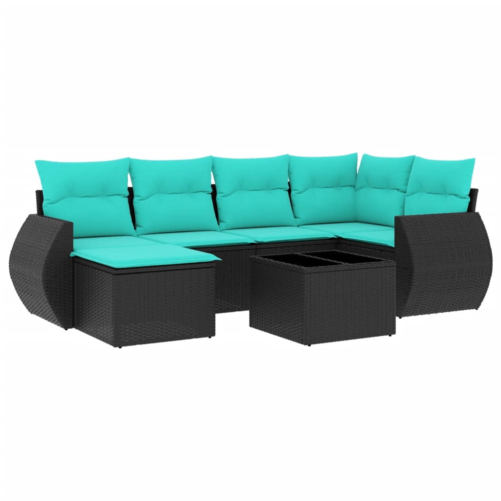 7 Piece Garden Sofa Set with Cushions Black Poly Rattan
