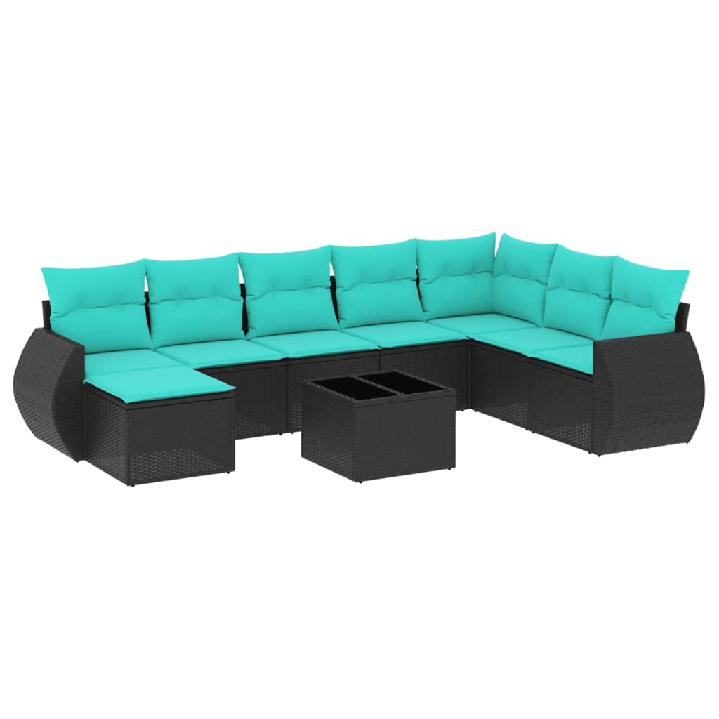 9 Piece Garden Sofa Set with Cushions Black Poly Rattan