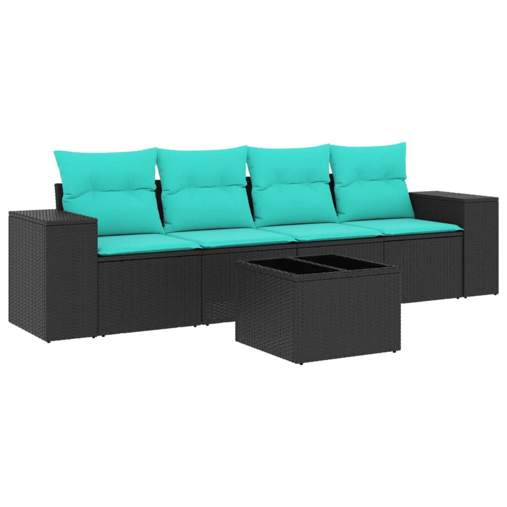 5 Piece Garden Sofa Set with Cushions Black Poly Rattan