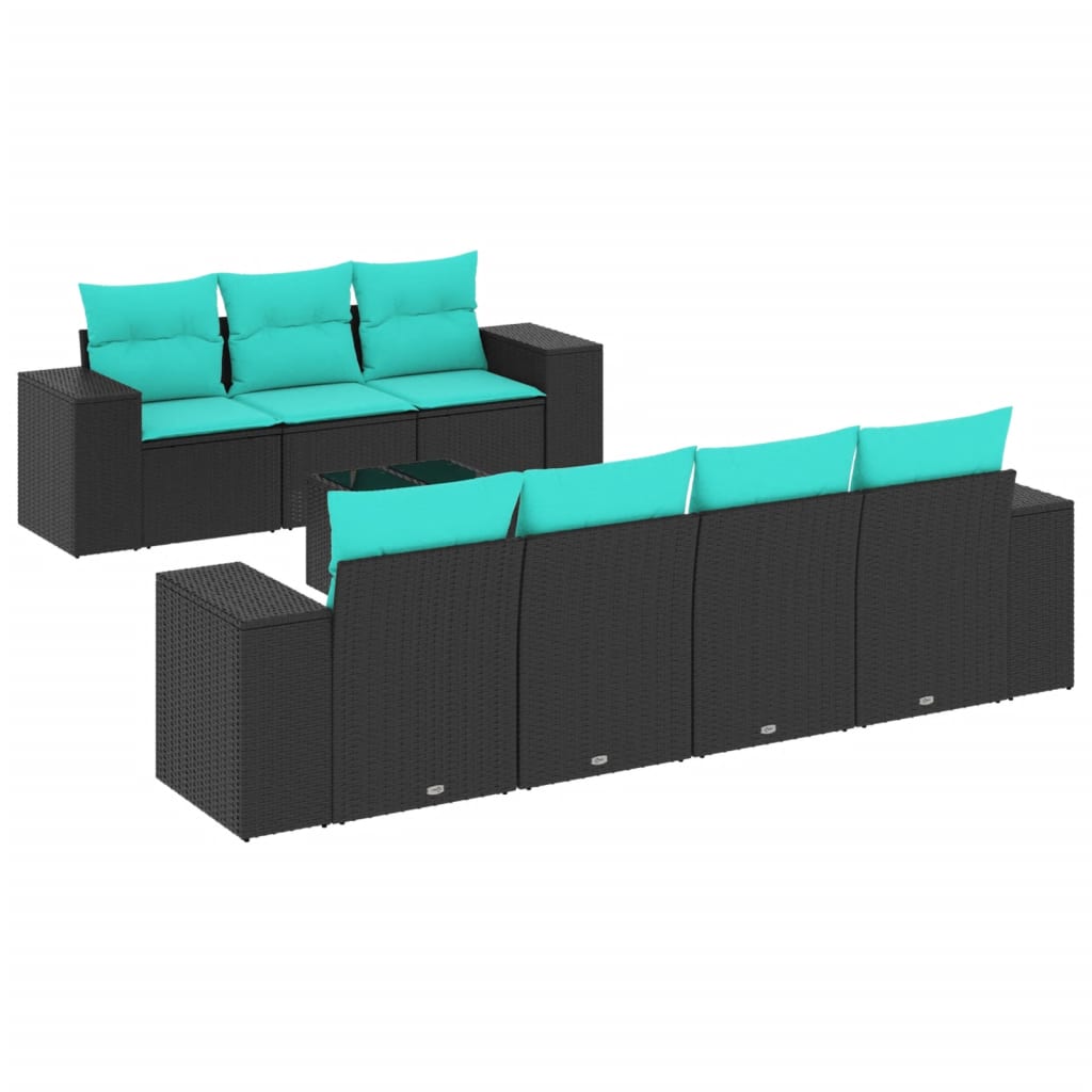 8 Piece Garden Sofa Set with Cushions Black Poly Rattan