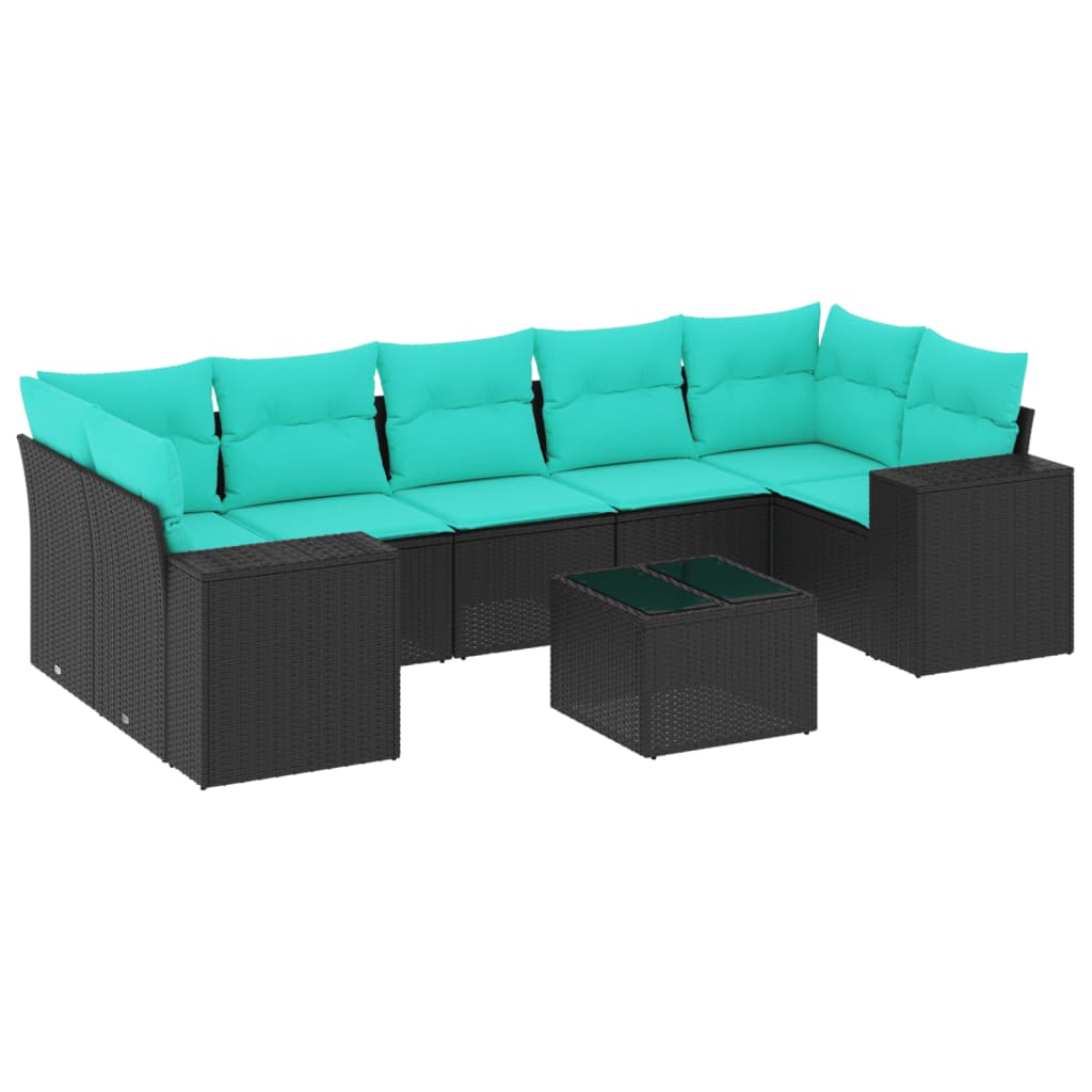 8 Piece Garden Sofa Set with Cushions Black Poly Rattan