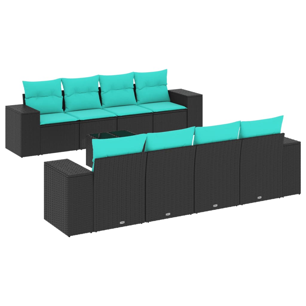 9 Piece Garden Sofa Set with Cushions Black Poly Rattan