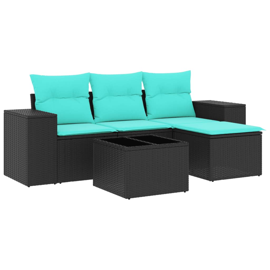 5 Piece Garden Sofa Set with Cushions Black Poly Rattan