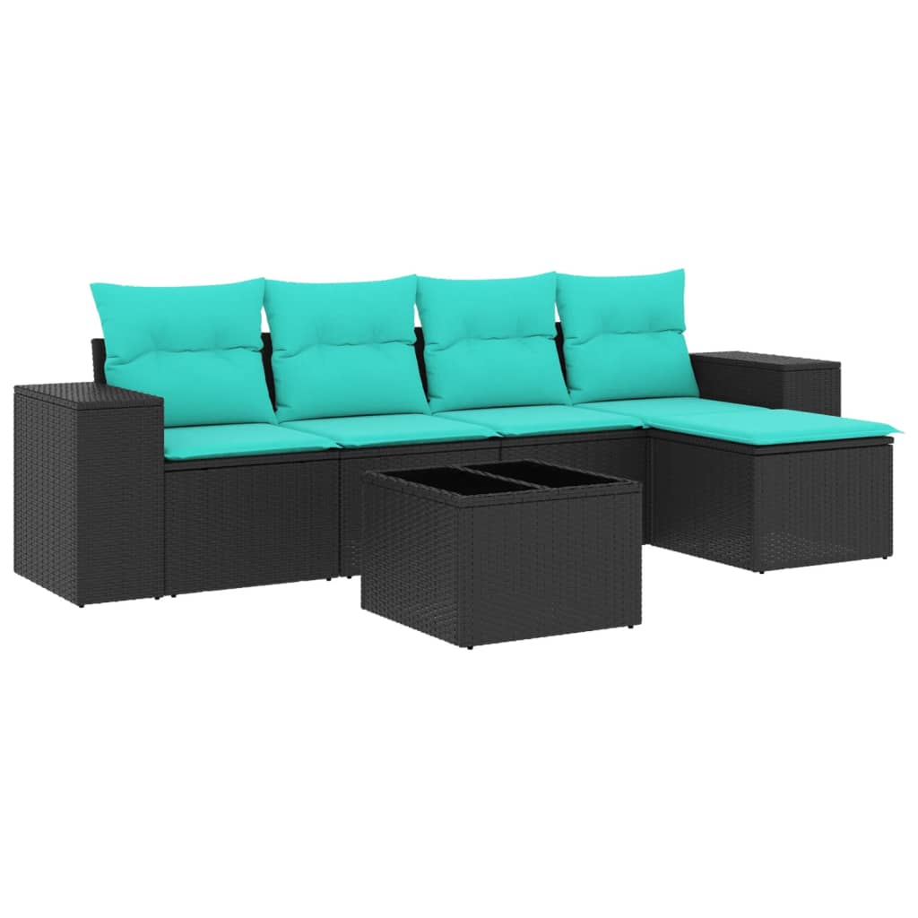6 Piece Garden Sofa Set with Cushions Black Poly Rattan