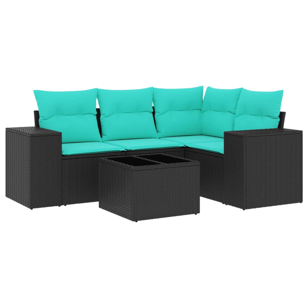 5 Piece Garden Sofa Set with Cushions Black Poly Rattan