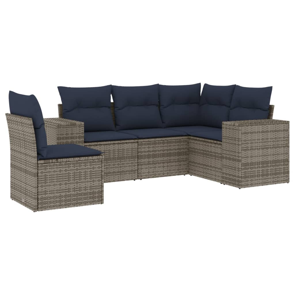 5 Piece Patio Sofa Set with Cushions Gray Poly Rattan