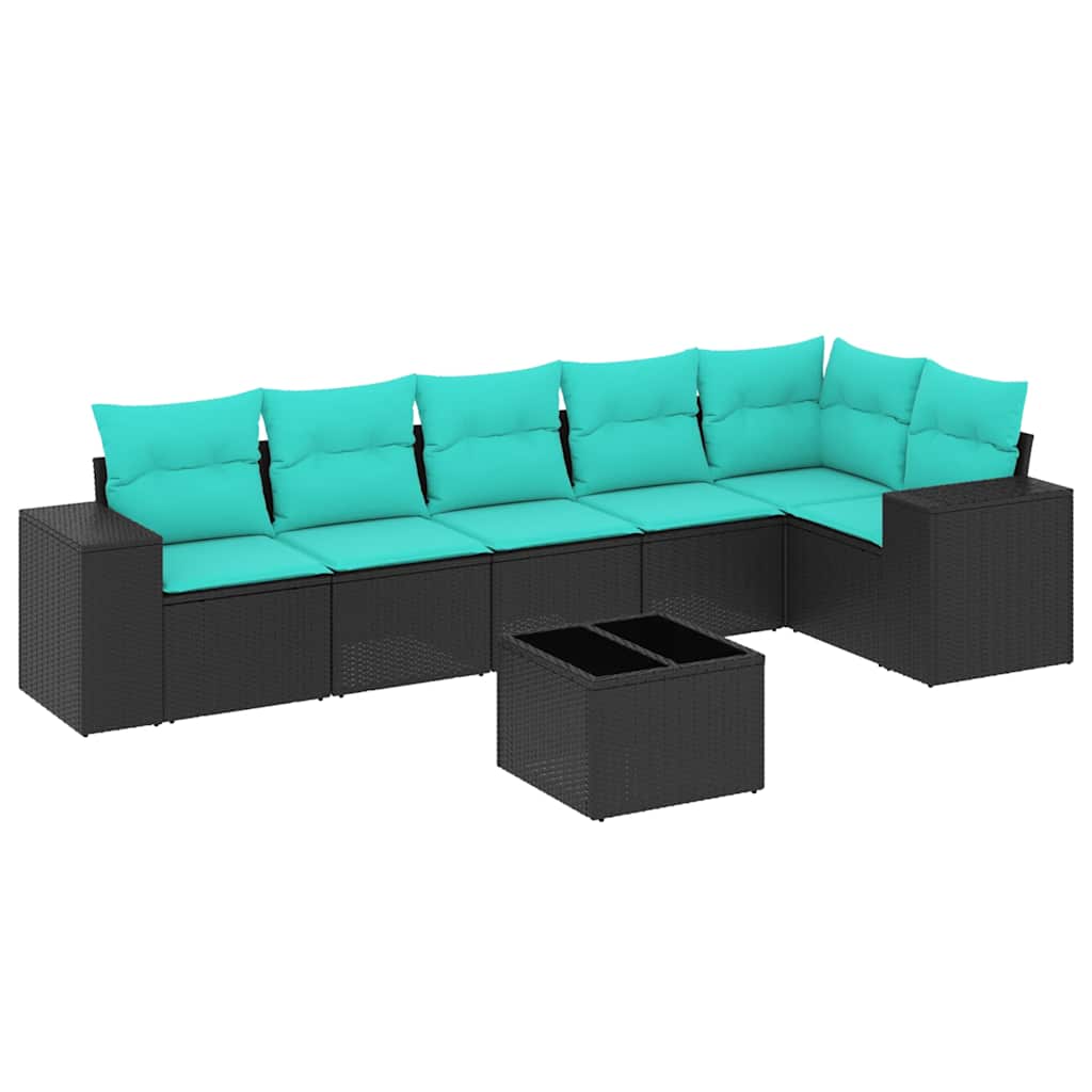 7 Piece Garden Sofa Set with Cushions Black Poly Rattan