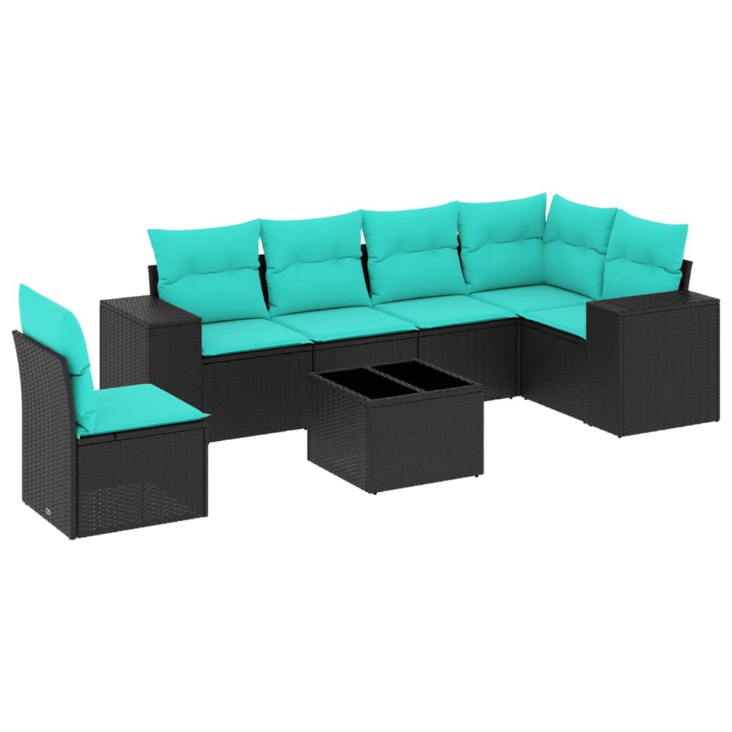 7 Piece Garden Sofa Set with Cushions Black Poly Rattan