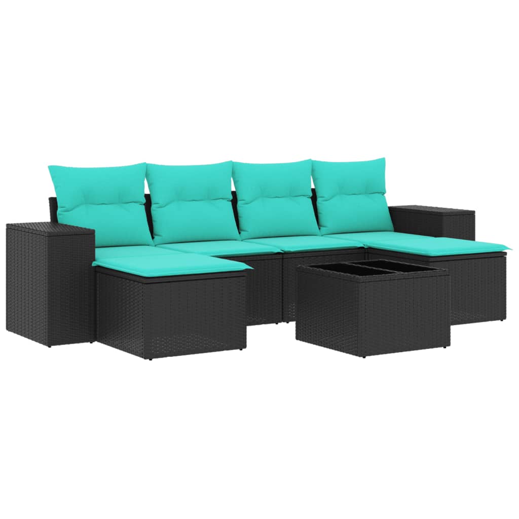 7 Piece Garden Sofa Set with Cushions Black Poly Rattan