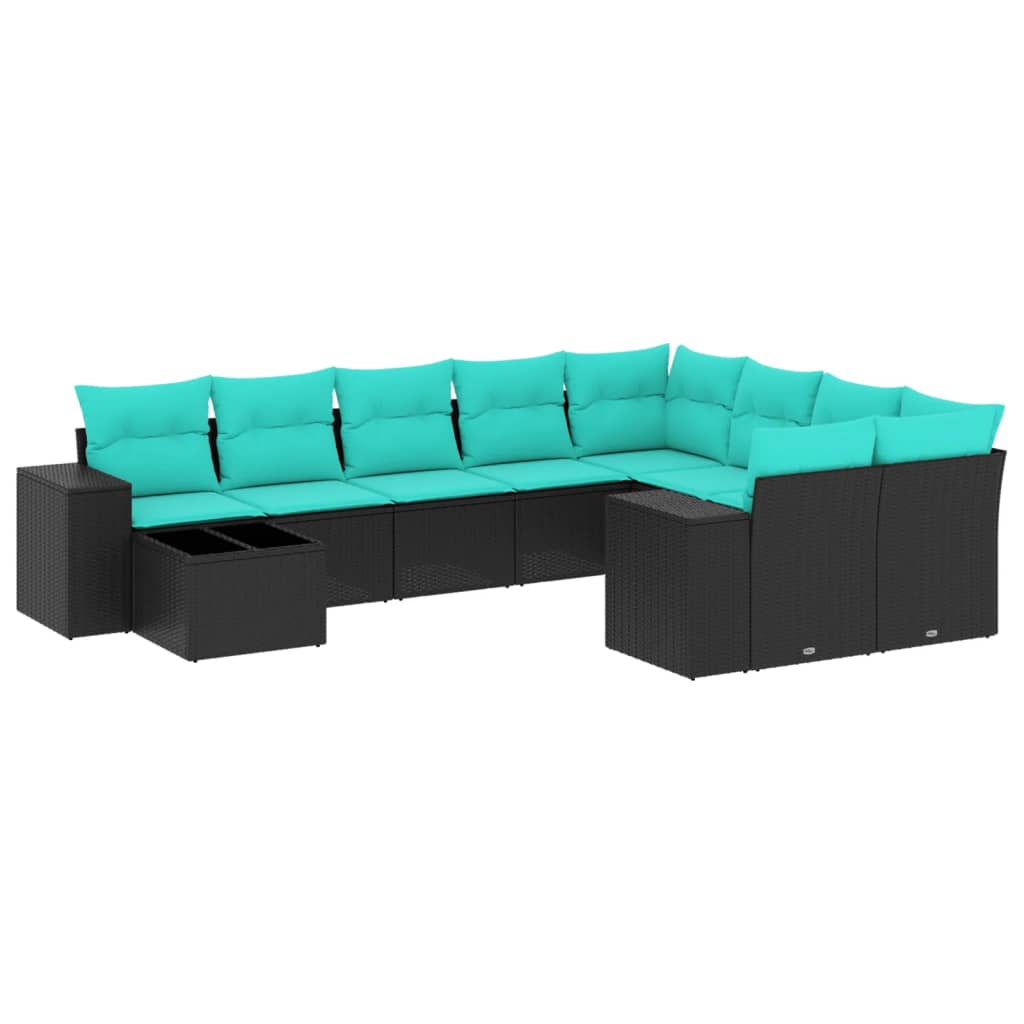 10 Piece Garden Sofa Set with Cushions Black Poly Rattan