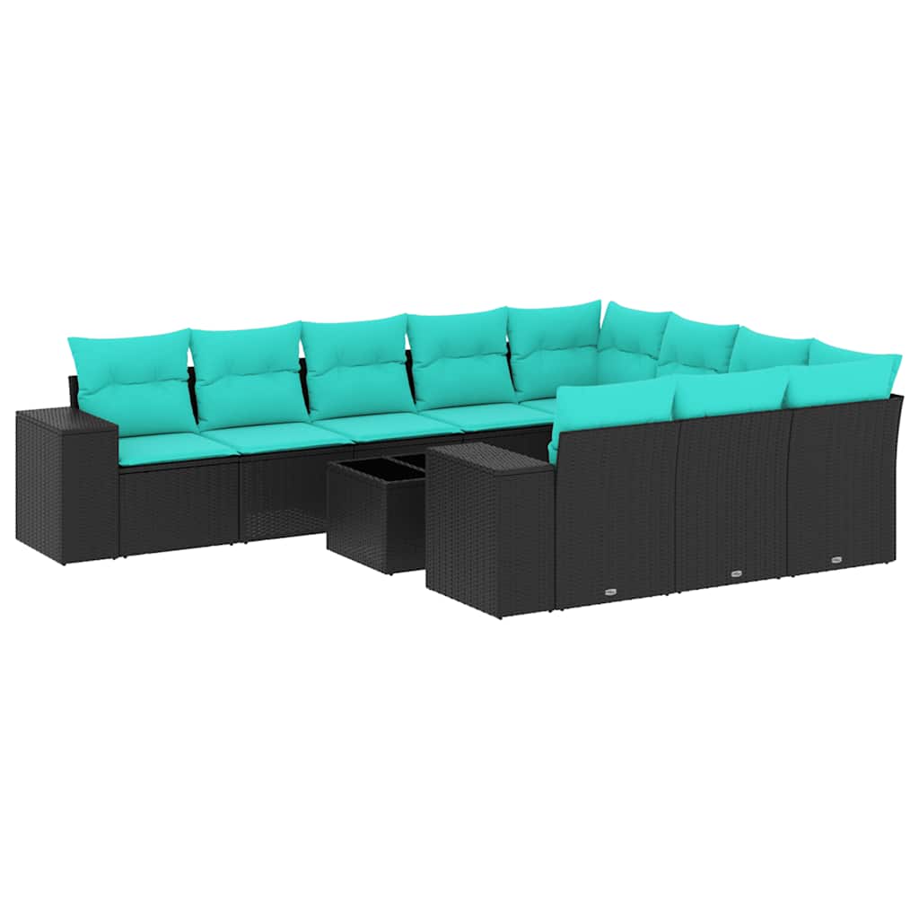 11 Piece Garden Sofa Set with Cushions Black Poly Rattan