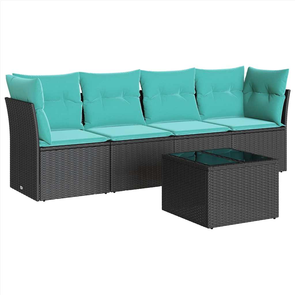 5 Piece Patio Sofa Set with Cushions Black Poly Rattan
