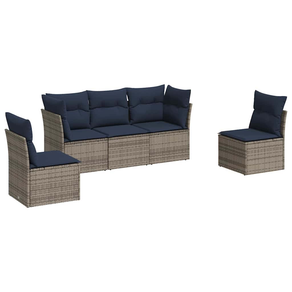 5 Piece Patio Sofa Set with Cushions Gray Poly Rattan