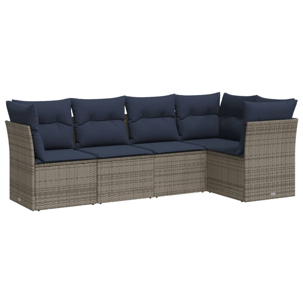 5 Piece Patio Sofa Set with Cushions Gray Poly Rattan