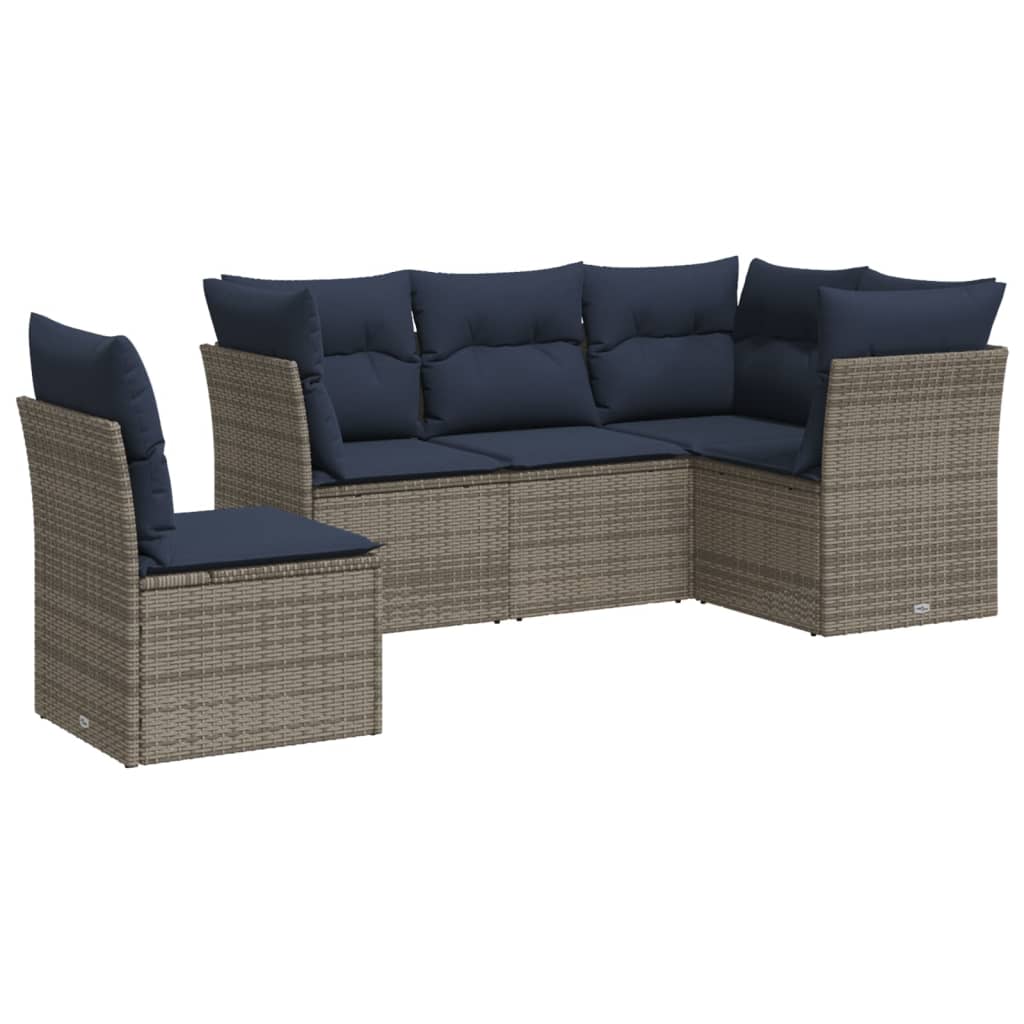 5 Piece Patio Sofa Set with Cushions Gray Poly Rattan
