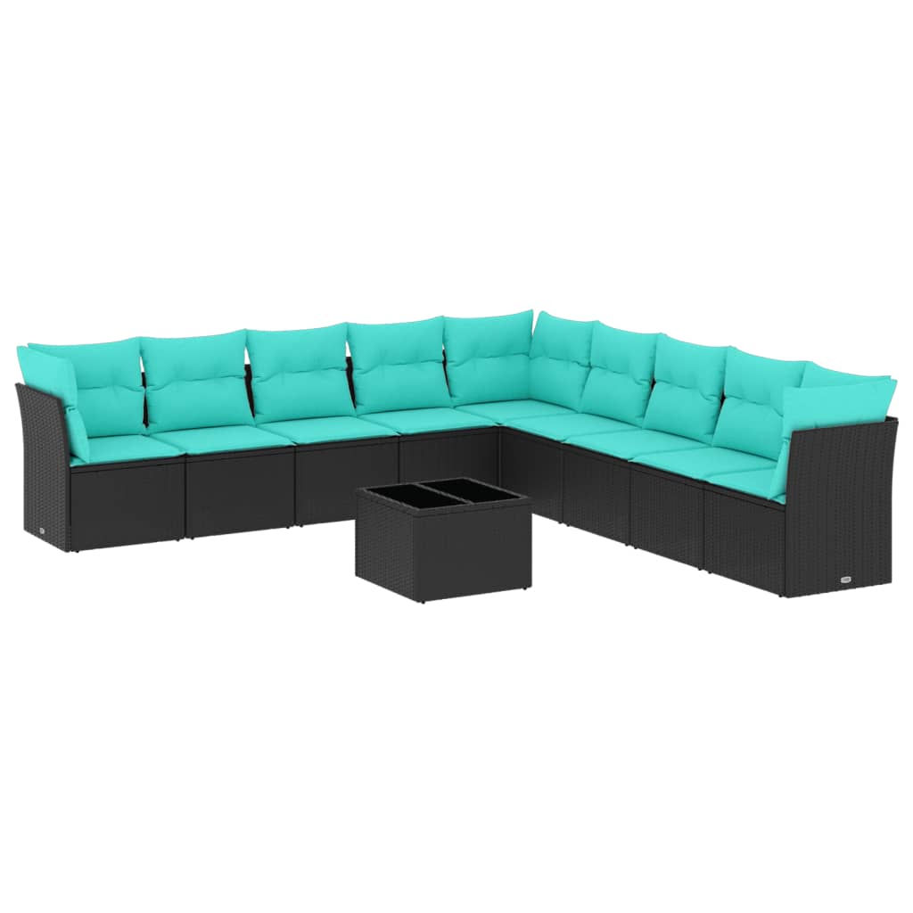10 Piece Patio Sofa Set with Cushions Black Poly Rattan