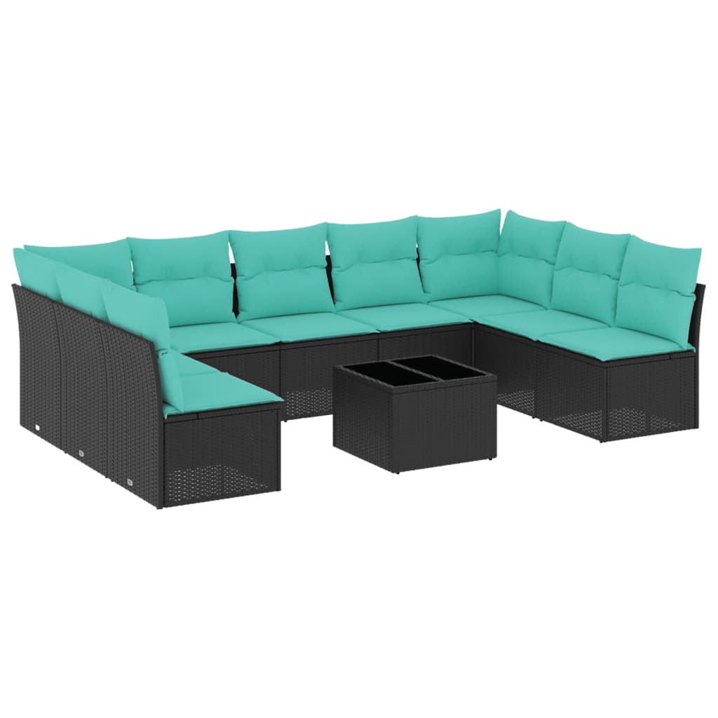 10 Piece Garden Sofa Set with Cushions Black Poly Rattan