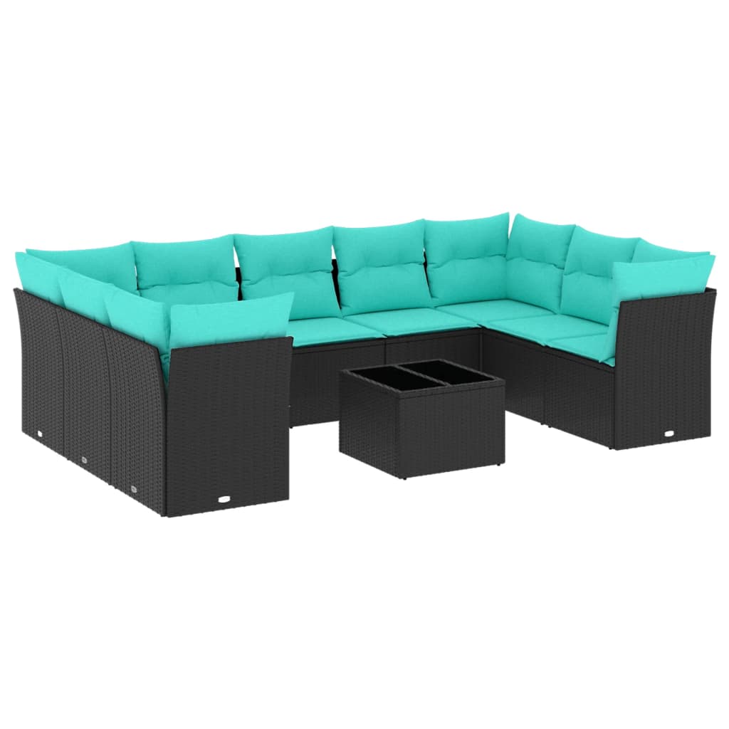 10 Piece Patio Sofa Set with Cushions Black Poly Rattan