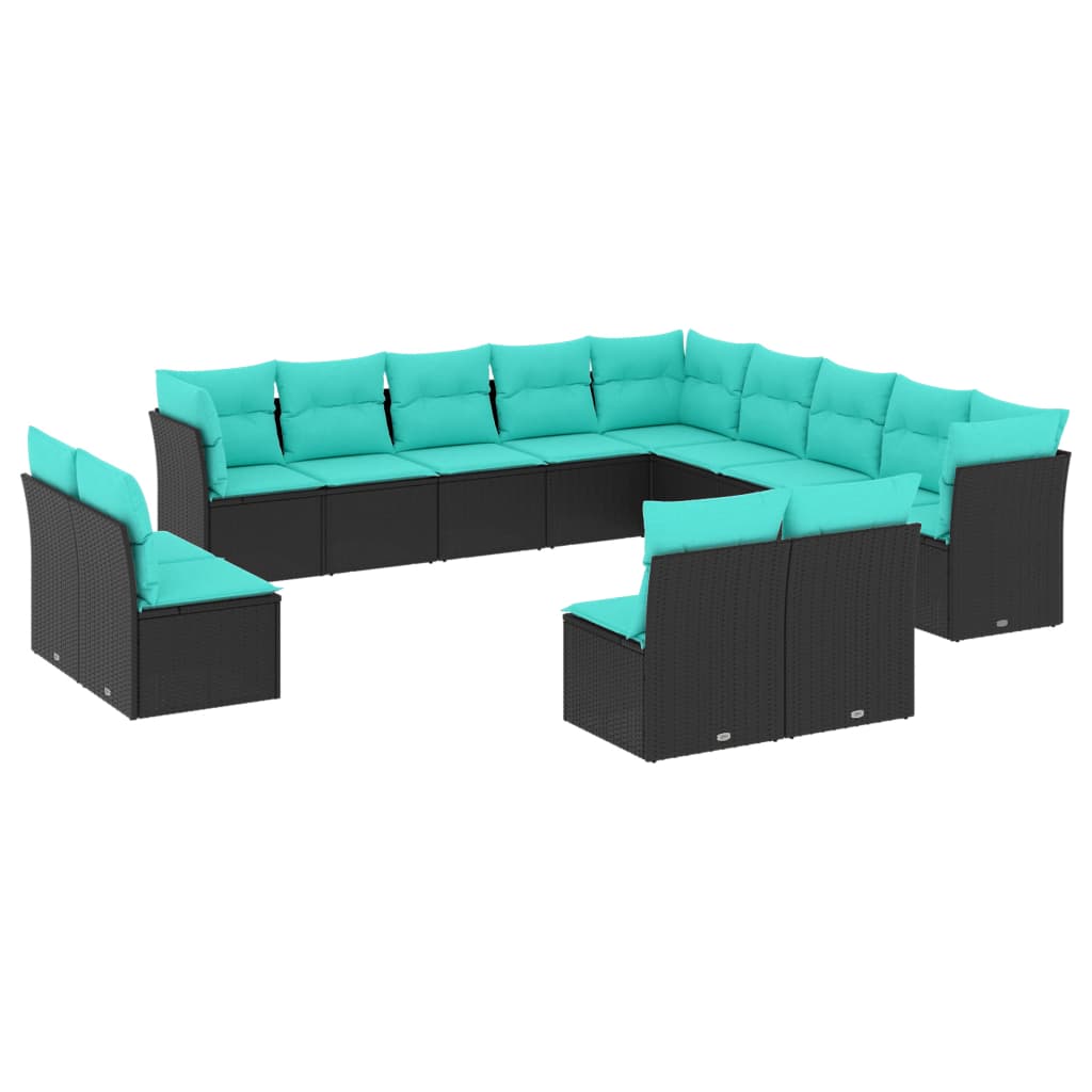 Patio Sofa Set Black PE rattan, powder-coated steel, 100% polyester