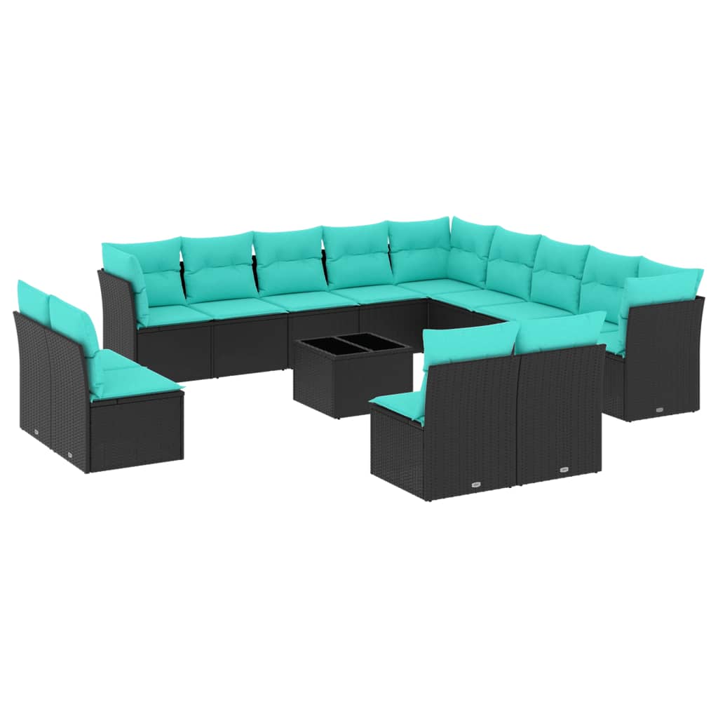 14 Piece Garden Sofa Set with Cushions Black Poly Rattan