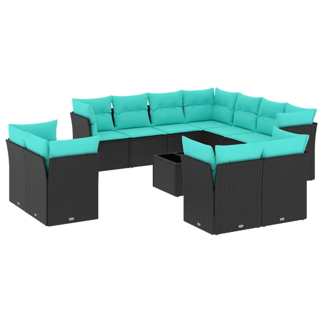 12 Piece Patio Sofa Set with Cushions Black Poly Rattan