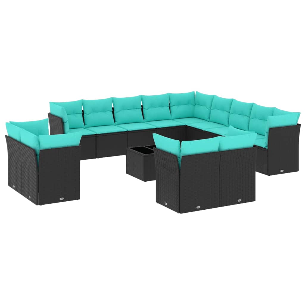 14 Piece Patio Sofa Set with Cushions Black Poly Rattan