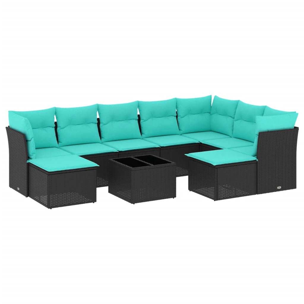 10 Piece Patio Sofa Set with Cushions Black Poly Rattan