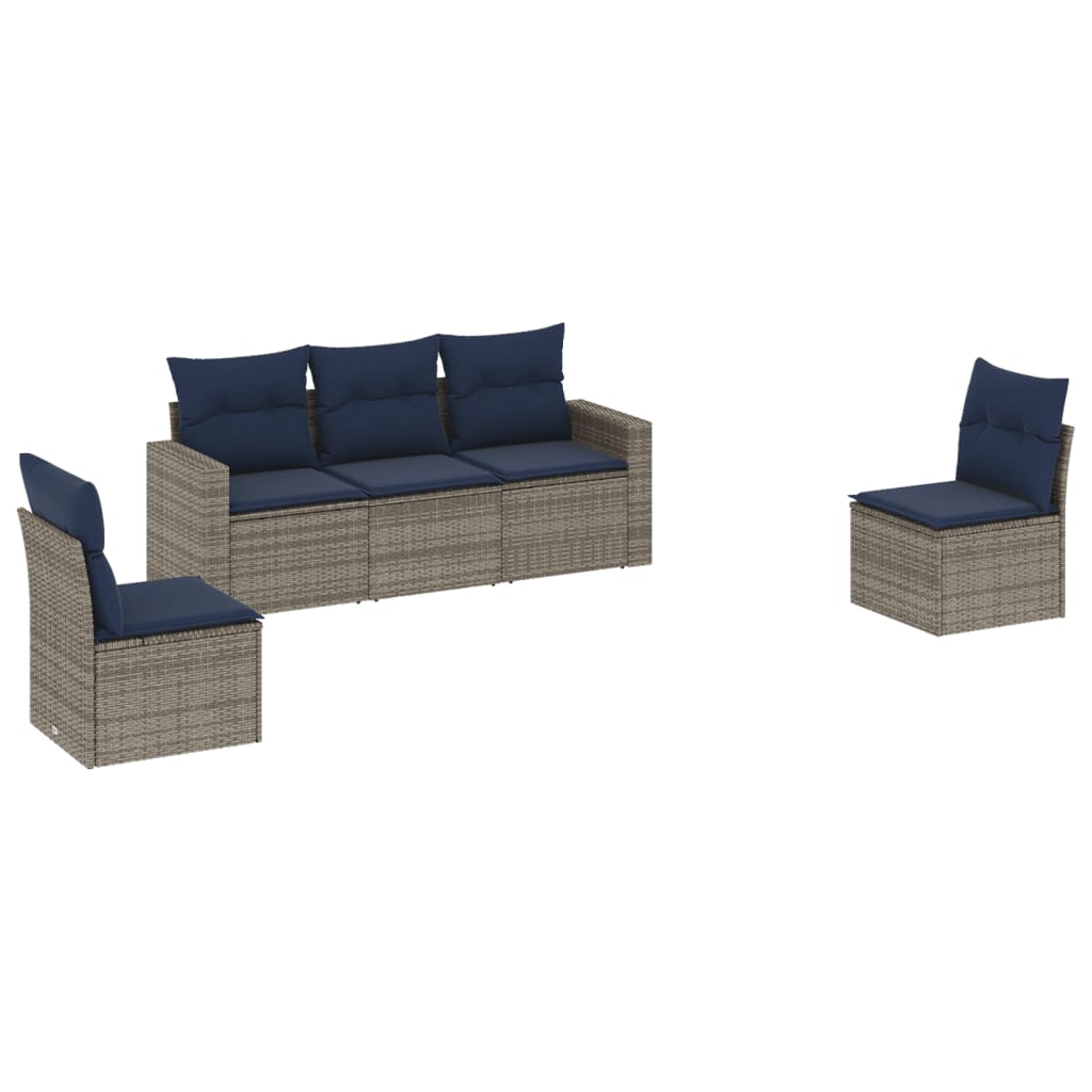 5 Piece Patio Sofa Set with Cushions Gray Poly Rattan
