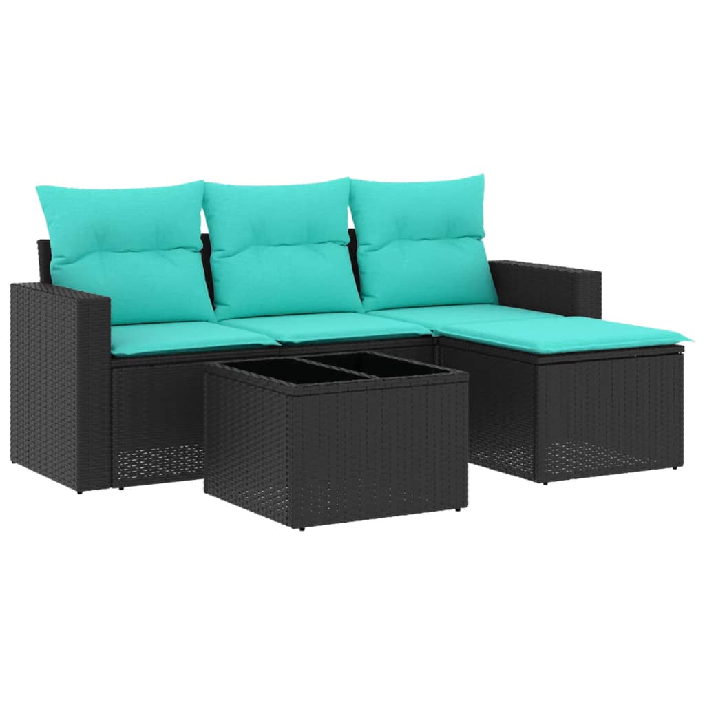 5 Piece Patio Sofa Set with Cushions Black Poly Rattan