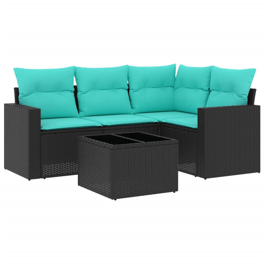5 Piece Patio Sofa Set with Cushions Black Poly Rattan