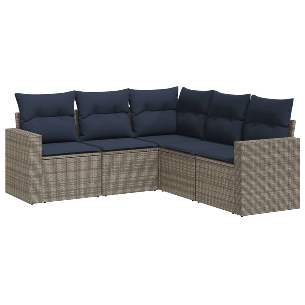 5 Piece Patio Sofa Set with Cushions Gray Poly Rattan