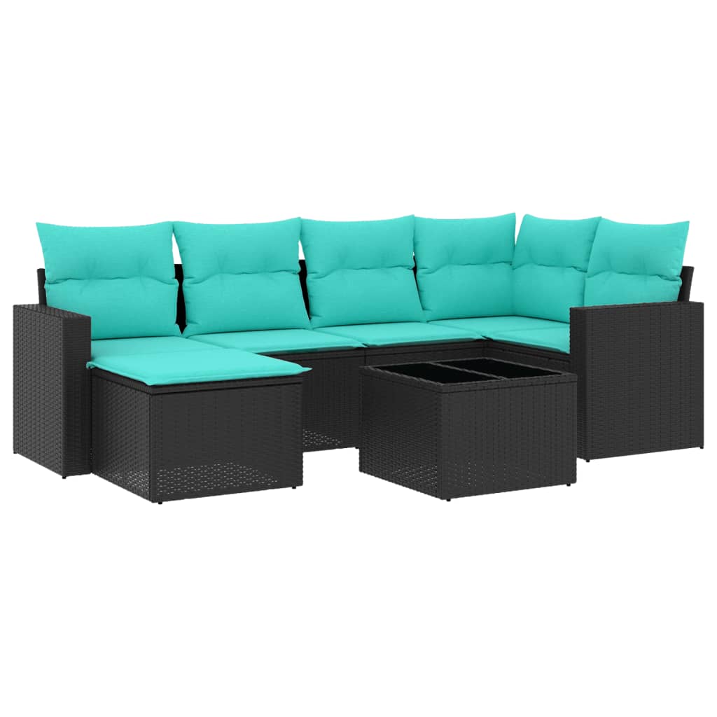 7 Piece Patio Sofa Set with Cushions Black Poly Rattan