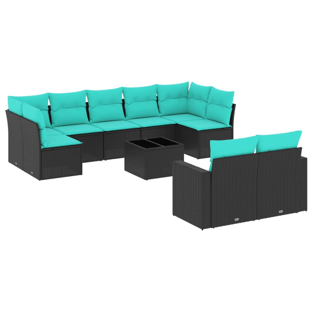 10 Piece Patio Sofa Set with Cushions Black Poly Rattan (US only)