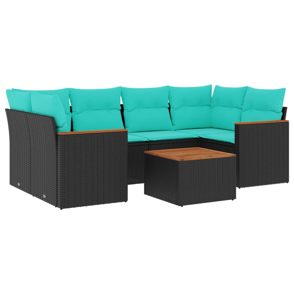 7 Piece Garden Sofa Set with Cushions Black Poly Rattan