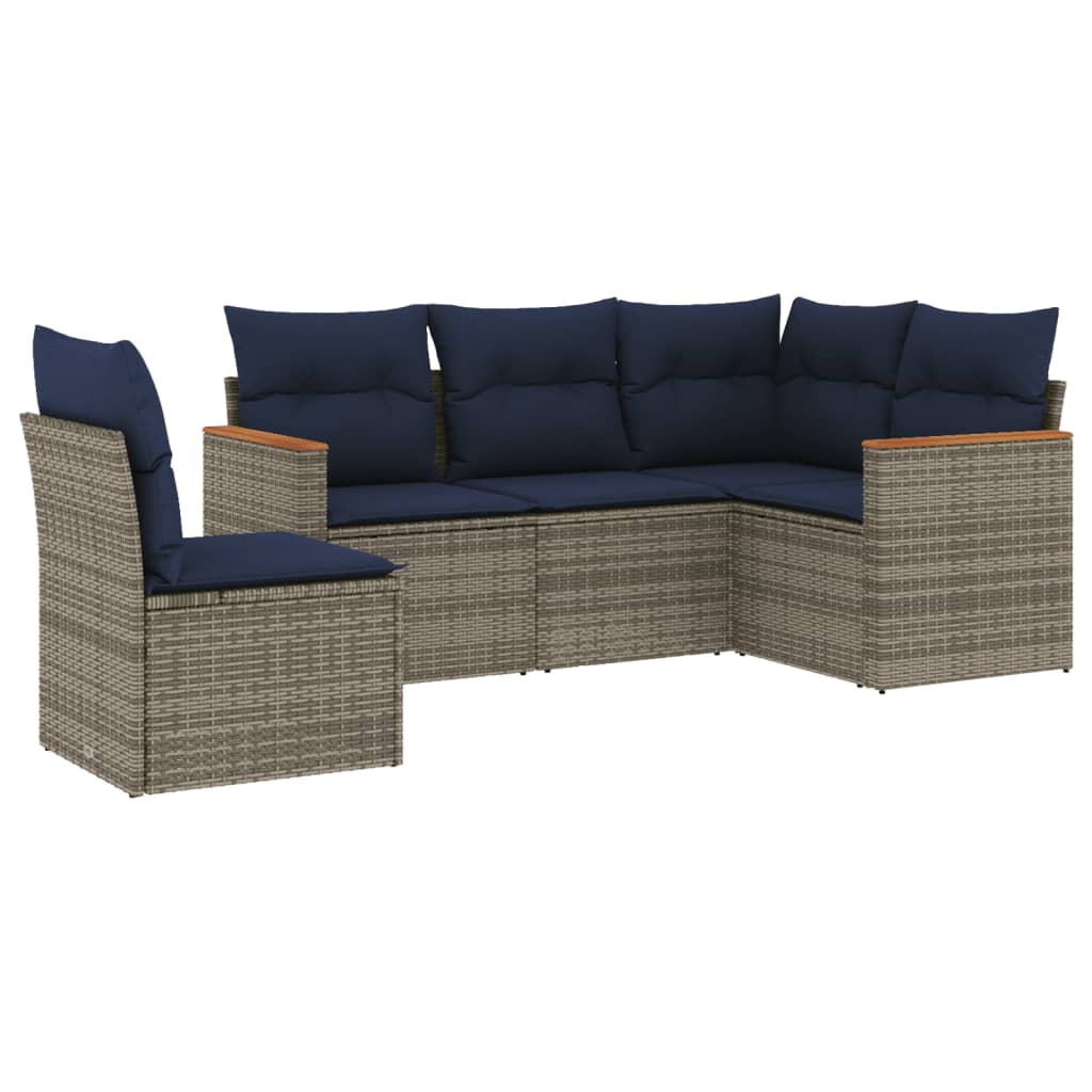 5 Piece Garden Sofa Set with Cushions Grey Poly Rattan