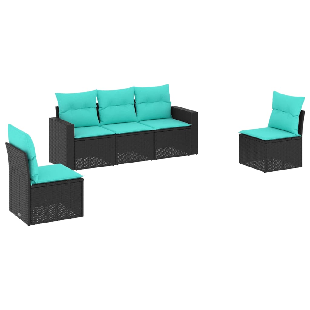 5 Piece Patio Sofa Set with Cushions Black Poly Rattan
