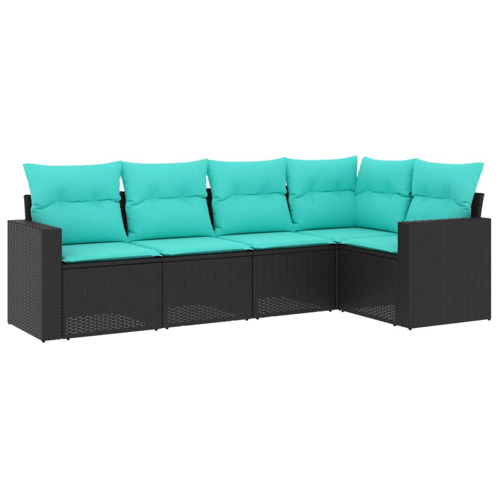5 Piece Patio Sofa Set with Cushions Black Poly Rattan
