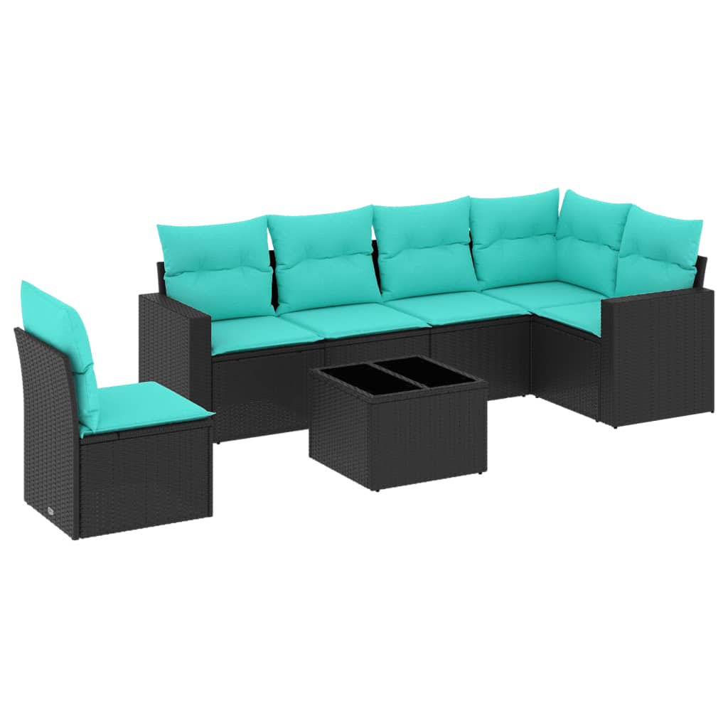 7 Piece Patio Sofa Set with Cushions Black Poly Rattan