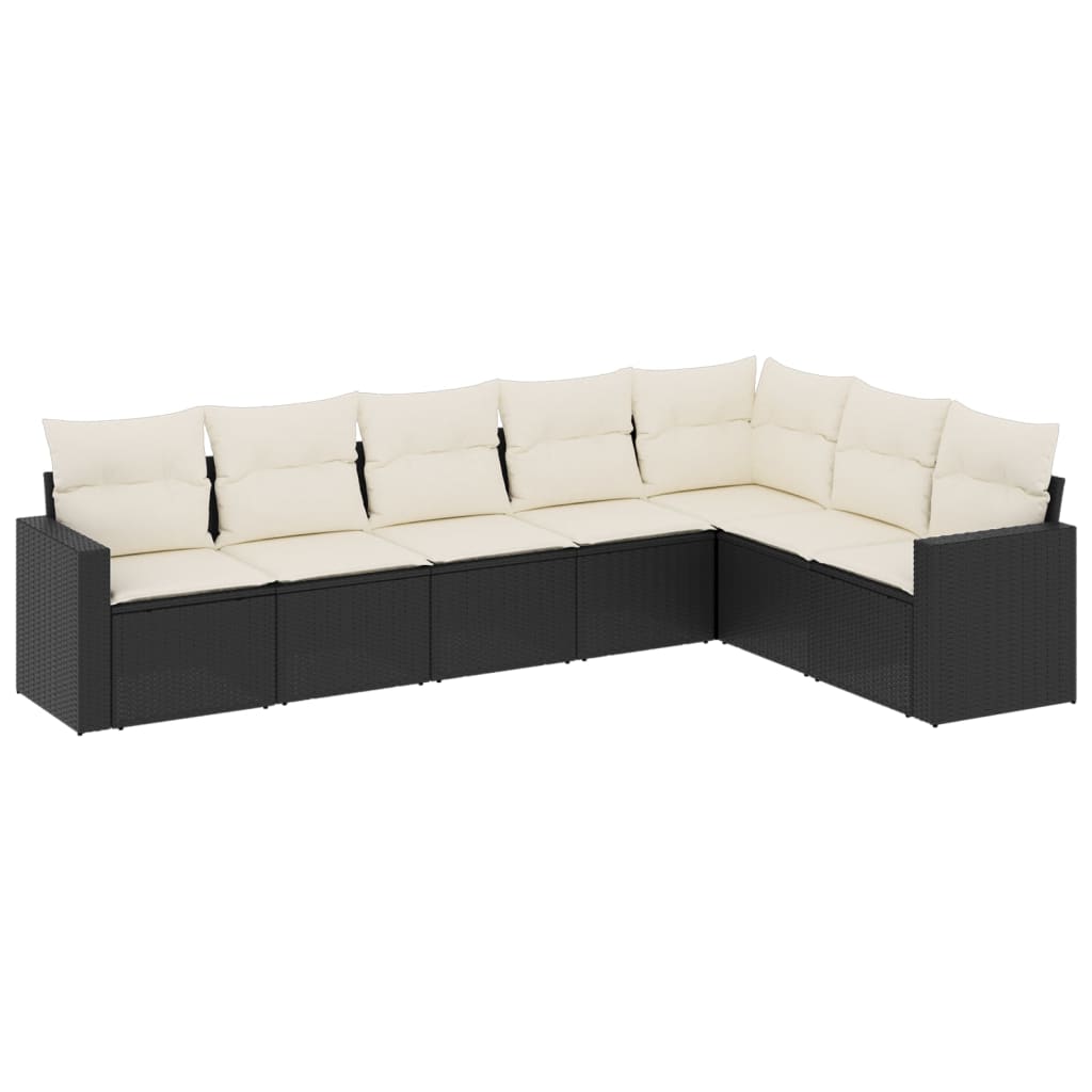 7 Piece Patio Sofa Set with Cushions Black Poly Rattan