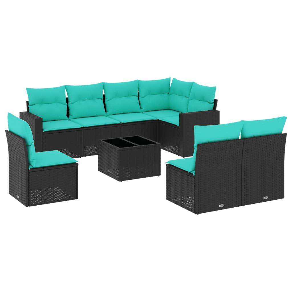 9 Piece Patio Sofa Set with Cushions Black Poly Rattan