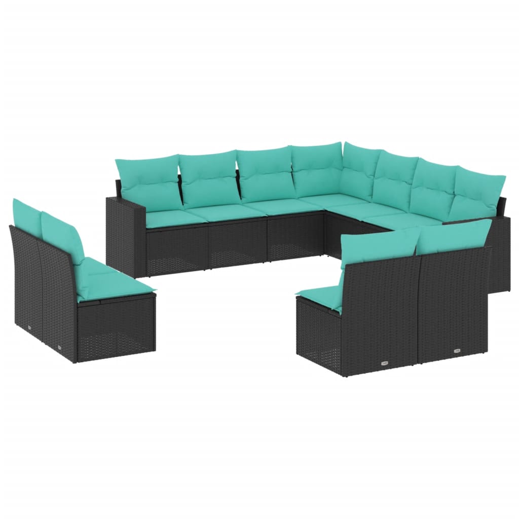 11 Piece Patio Sofa Set with Cushions Black Poly Rattan