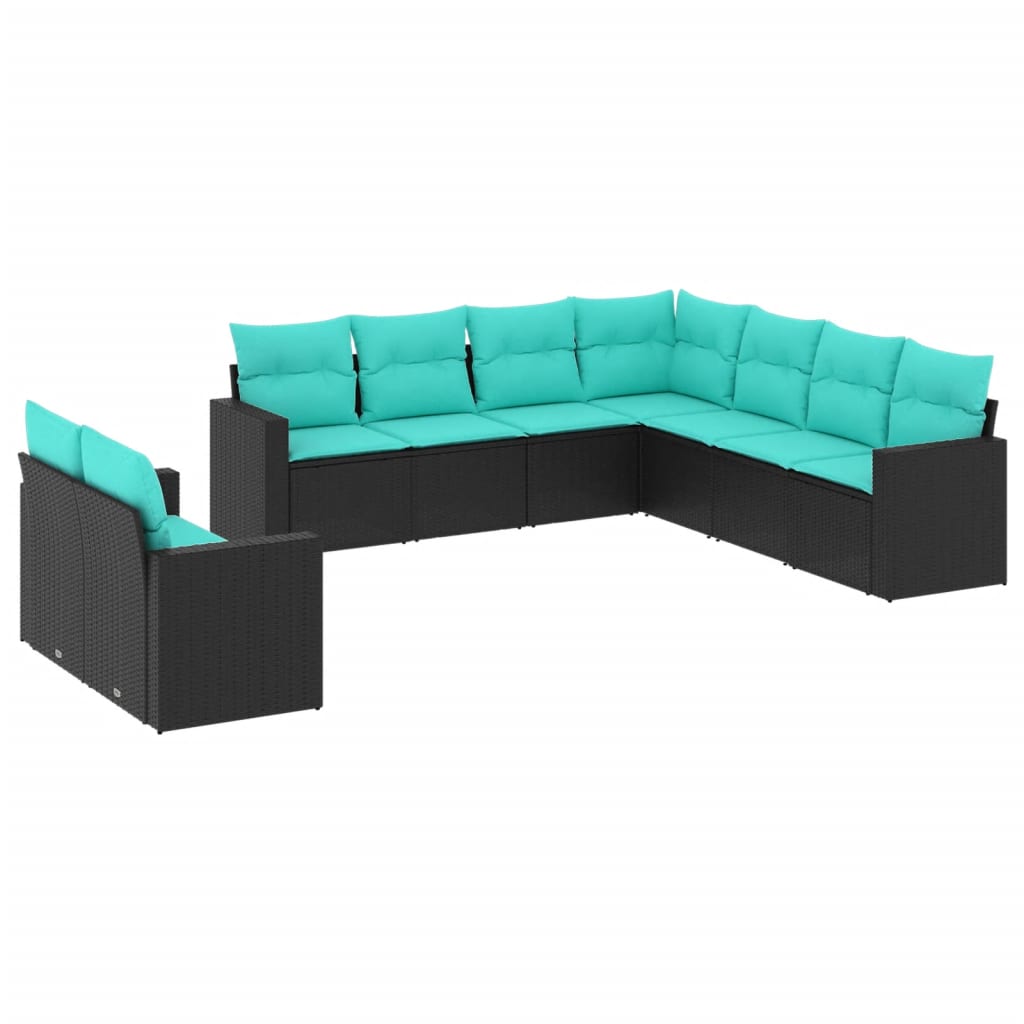 9 Piece Patio Sofa Set with Cushions Black Poly Rattan