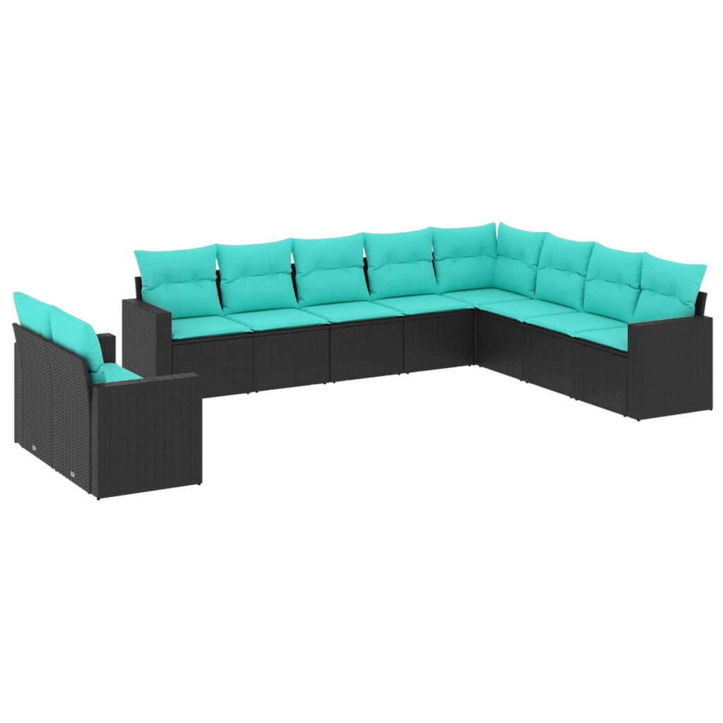 10 Piece Patio Sofa Set with Cushions Black Poly Rattan