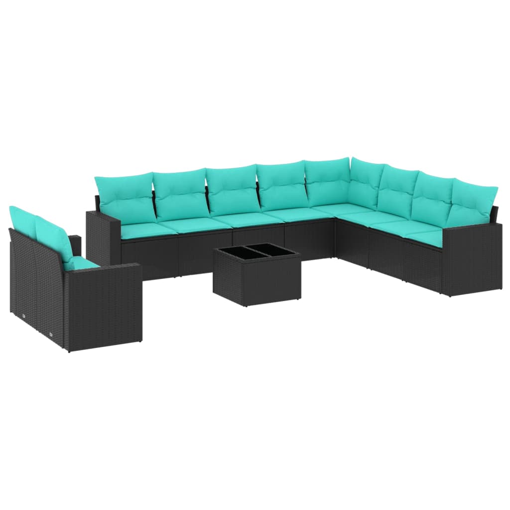 11 Piece Patio Sofa Set with Cushions Black Poly Rattan