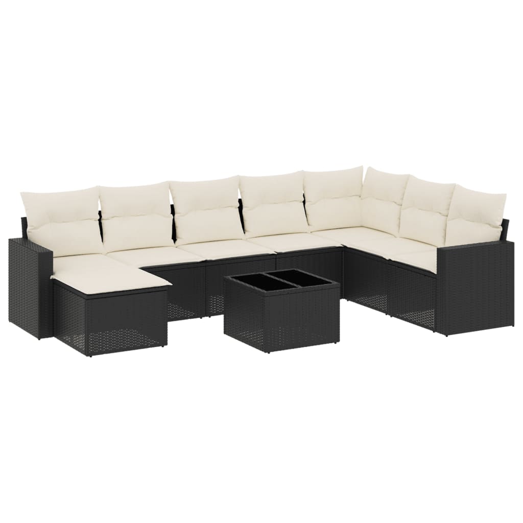Garden Sofa Set Black PE rattan, powder-coated steel, tempered glass