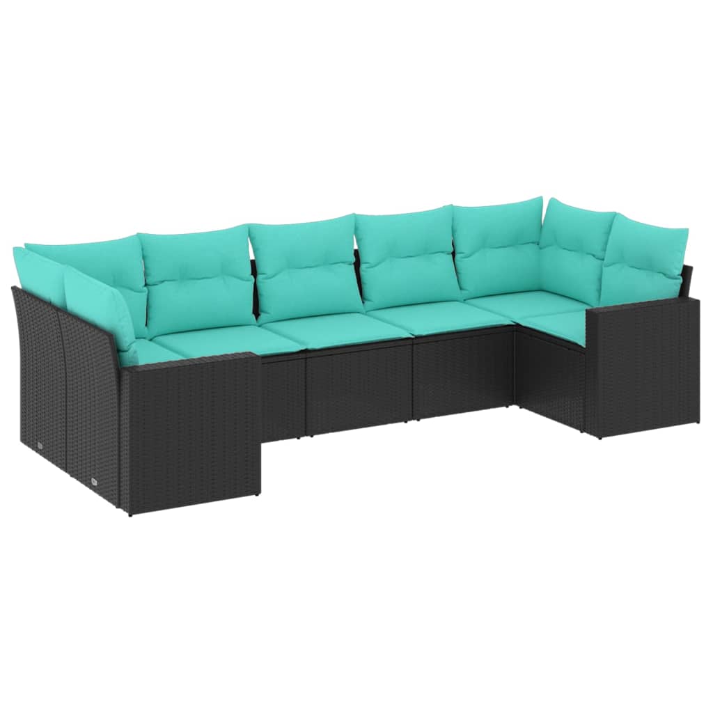 7 Piece Patio Sofa Set with Cushions Black Poly Rattan