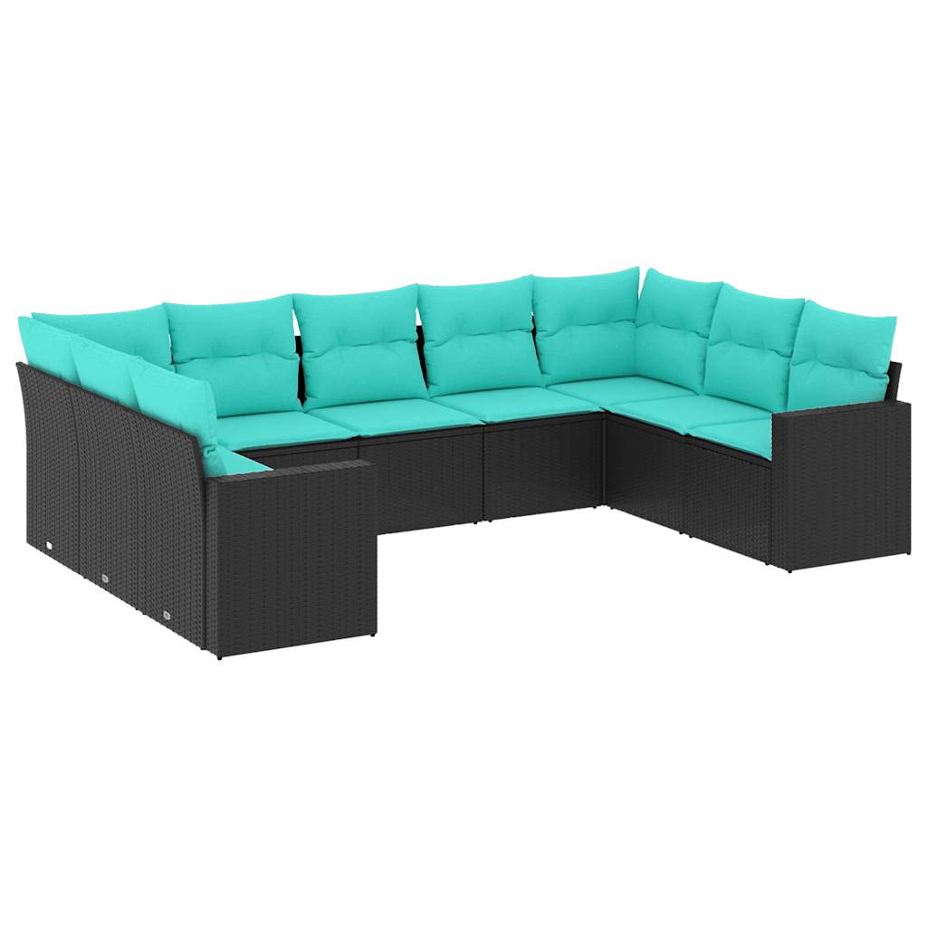 9 Piece Patio Sofa Set with Cushions Black Poly Rattan