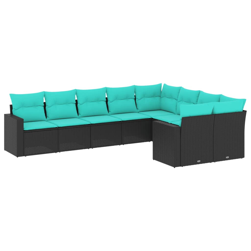 9 Piece Patio Sofa Set with Cushions Black Poly Rattan