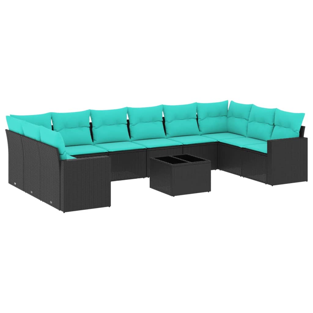 11 Piece Patio Sofa Set with Cushions Black Poly Rattan
